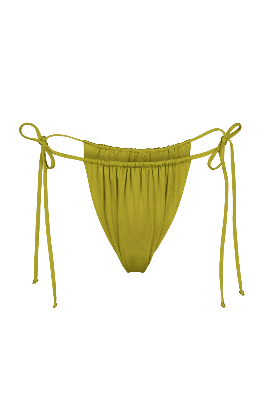 Lime green tie-side bikini bottoms with adjustable strings and ruched waistband, front view