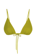 Lime green triangle bikini top with adjustable ties and ruched cups, front view
