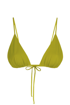Lime green triangle bikini top with adjustable ties and ruched cups, front view