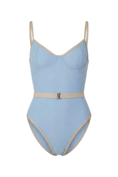 Light blue one-piece swimsuit with beige trim and waist belt, front view, smooth fabric, structured cups, thin straps