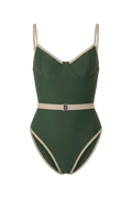 Dark green one-piece swimsuit with beige trim and waist belt, front view, by Linda
