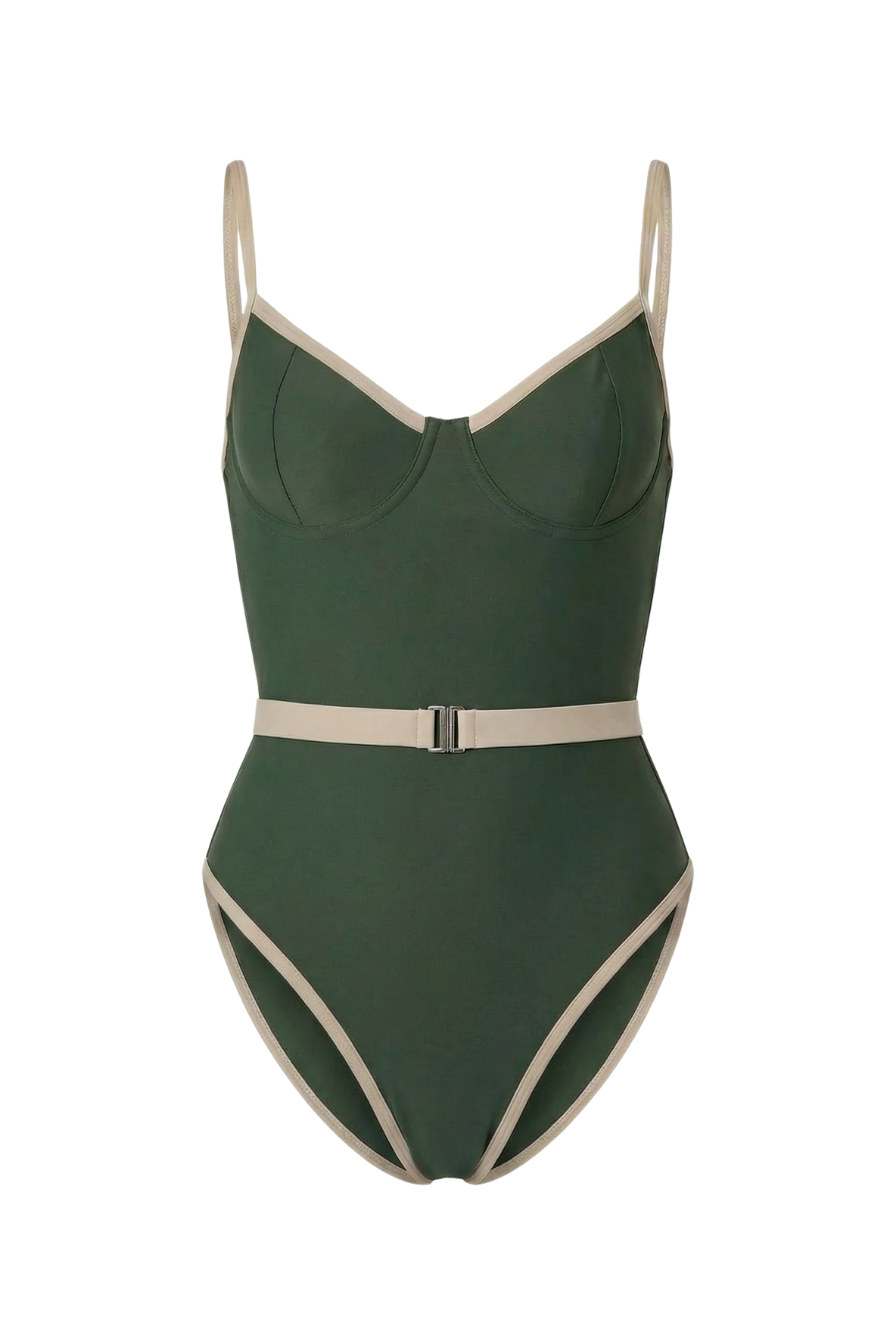 Dark green one-piece swimsuit with beige trim and waist belt, front view, by Linda