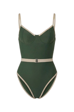 Dark green one-piece swimsuit with beige trim and waist belt, front view, by Linda