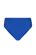 Royal blue high-waisted midi bikini bottom with smooth stretch fabric, front view, solid color, minimal design
