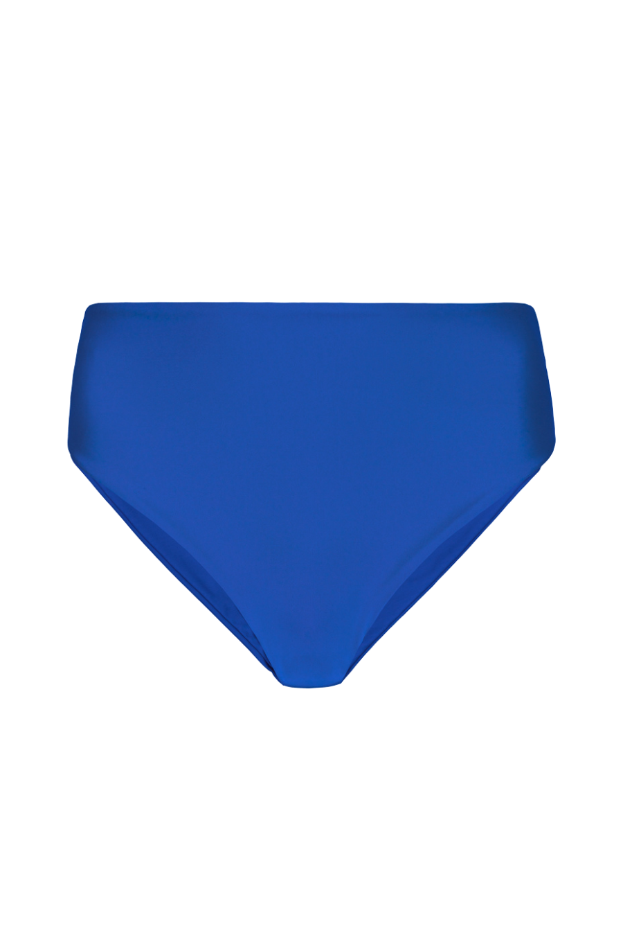 Royal blue high-waisted midi bikini bottom with smooth stretch fabric, front view, solid color, minimal design