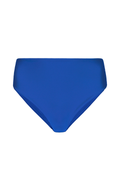 Royal blue high-waisted midi bikini bottom with smooth stretch fabric, front view, solid color, minimal design