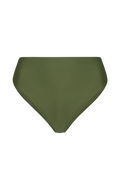 Olive green high-waisted midi bottoms with smooth fabric, front view, solid color, minimalist design