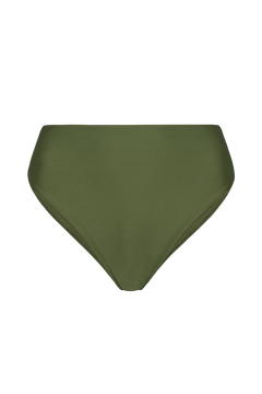 Olive green high-waisted midi bottoms with smooth fabric, front view, solid color, minimalist design
