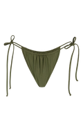 Olive green tie-side bikini bottom with elastic waistband and adjustable strings, front view