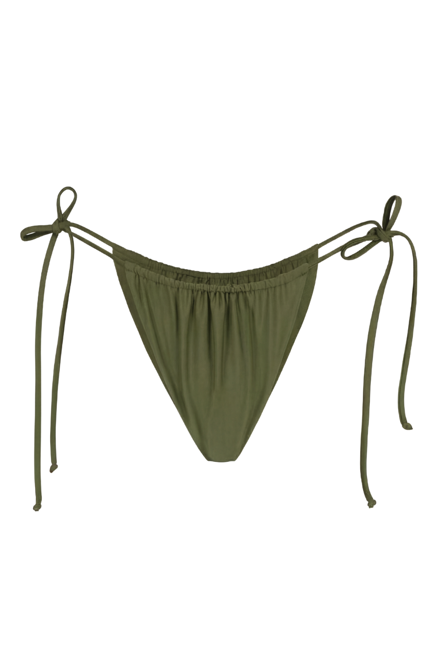 Olive green tie-side bikini bottom with elastic waistband and adjustable strings, front view