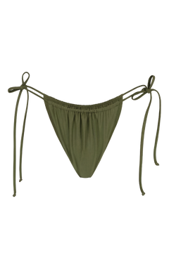 Olive green tie-side bikini bottom with elastic waistband and adjustable strings, front view