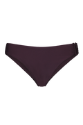 Plum-colored bikini bottom with smooth fabric and side ruching, front view, flat lay