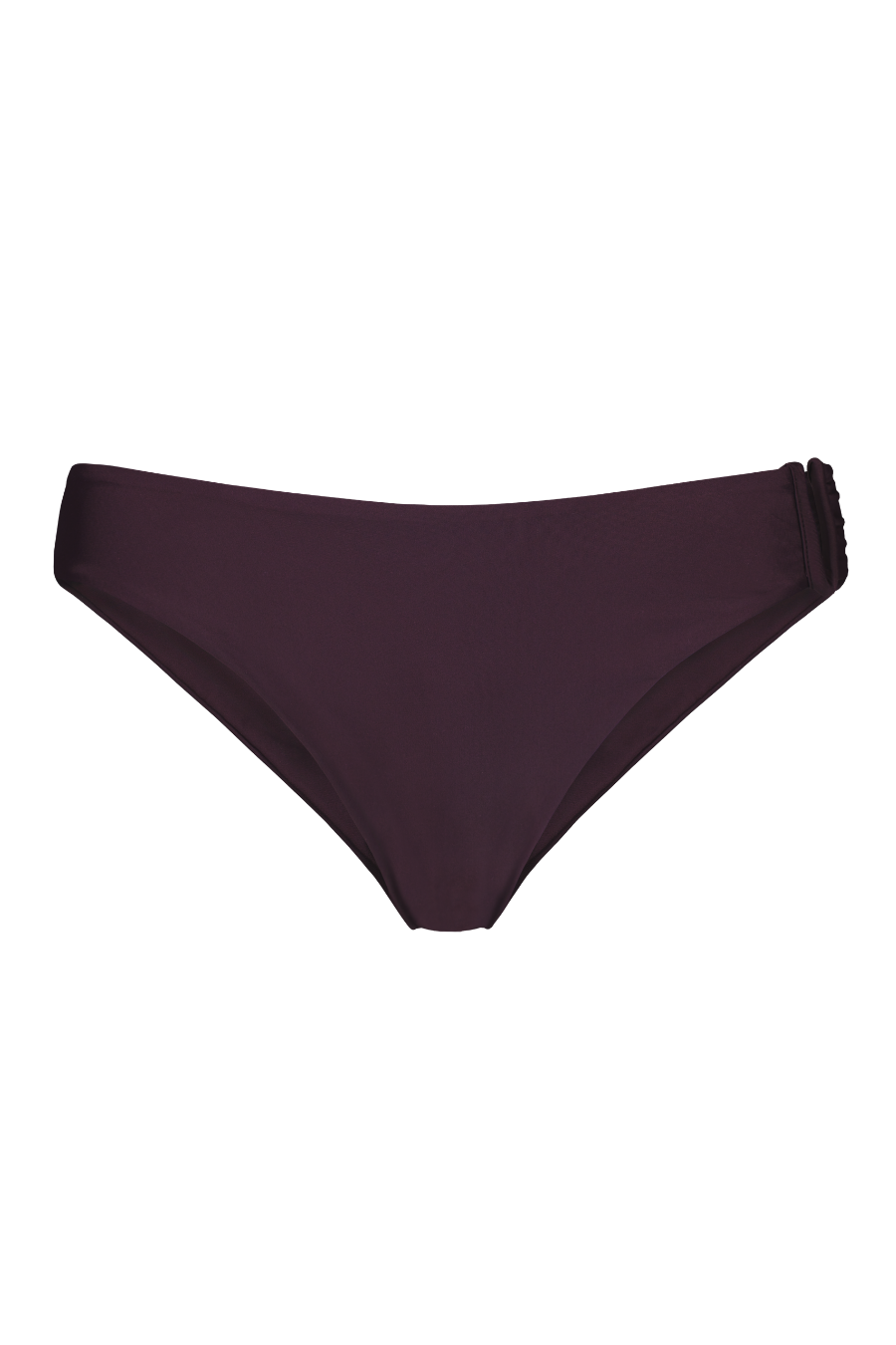 Plum-colored bikini bottom with smooth fabric and side ruching, front view, flat lay