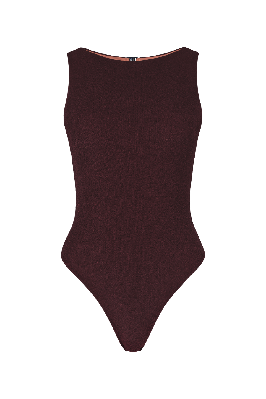 Sienna boatneck one-piece in deep burgundy ribbed knit, back view with zipper closure and high-cut leg line