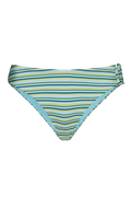 Striped bikini bottoms in blue, green, and white with ruched side ties, front view