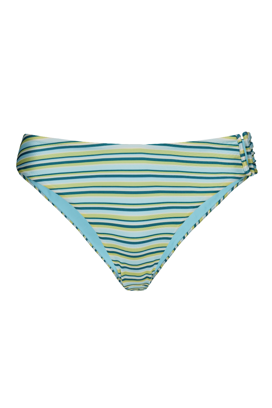 Striped bikini bottoms in blue, green, and white with ruched side ties, front view