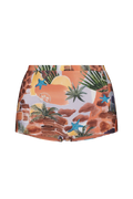 Mini shorts with vibrant desert-themed print featuring cacti, starfish, and terracotta tones, front view, cropped style