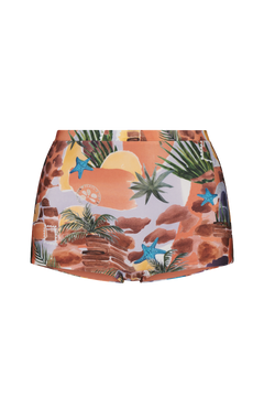 Mini shorts with vibrant desert-themed print featuring cacti, starfish, and terracotta tones, front view, cropped style