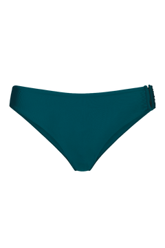 Teal ribbed bikini bottom with side ruching, front view, solid color, textured fabric