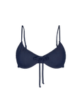 Indigo drawstring bikini top with front bow and thin straps, front view, solid color, smooth fabric