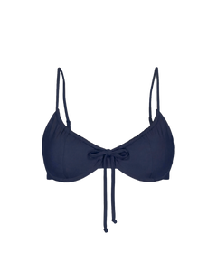 Indigo drawstring bikini top with front bow and thin straps, front view, solid color, smooth fabric