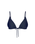 Indigo triangle bikini top with adjustable straps and front tie detail, front view