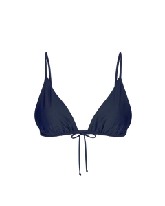 Indigo triangle bikini top with adjustable straps and front tie detail, front view